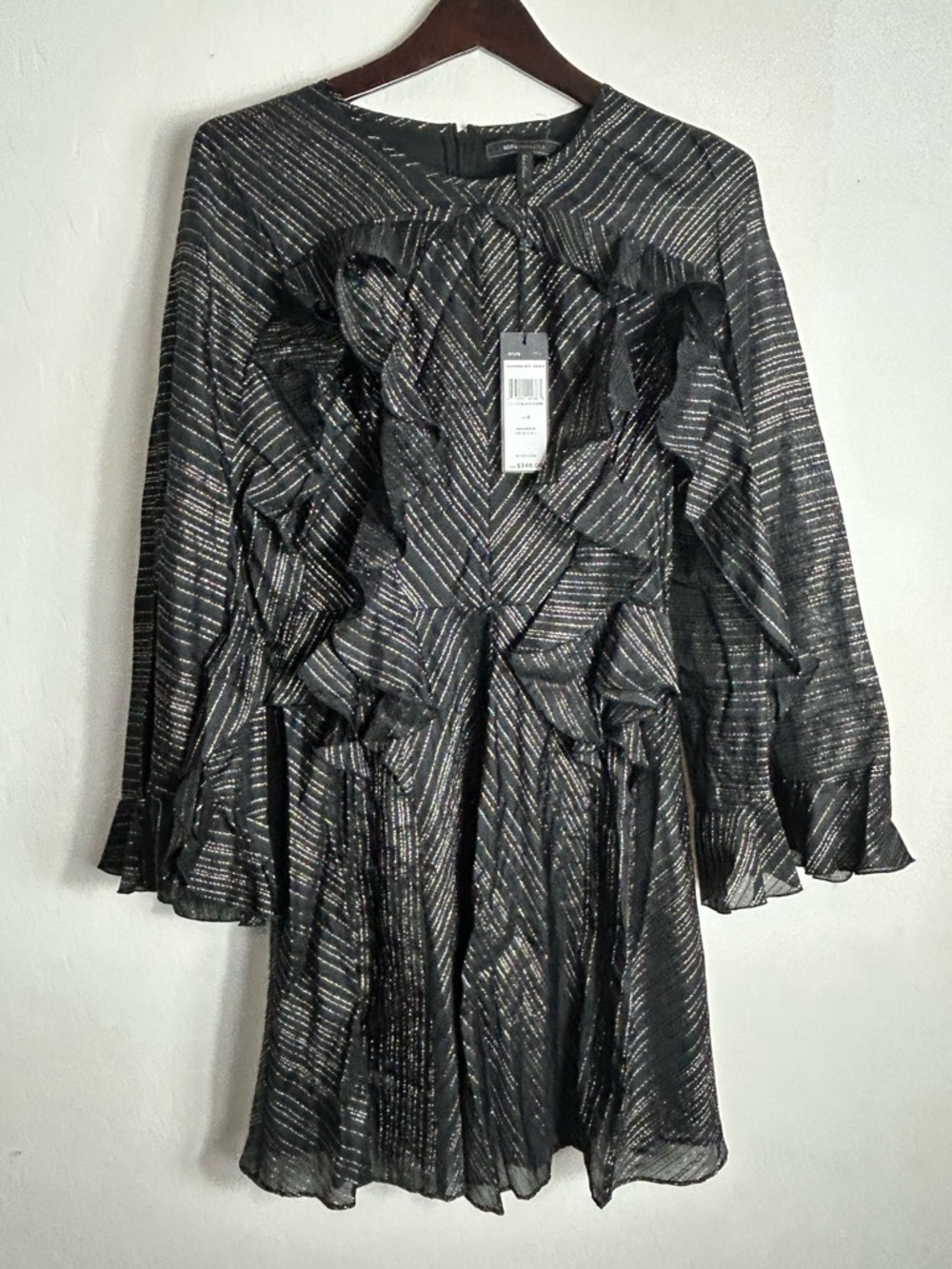 BCBGMaxAzria Black Metallic-Striped Long-Sleeve Ruffle Dress